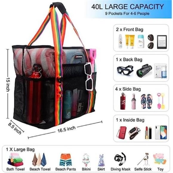 Mesh Beach Bag 40L with 9 Pockets Bag Pool Vacation Travel Picnic Black - Picture 3 of 6